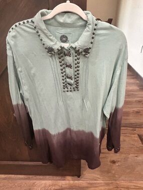 Double D Ranch Mint to Brown Studded Dip-Dye Polo Sweatshirt
